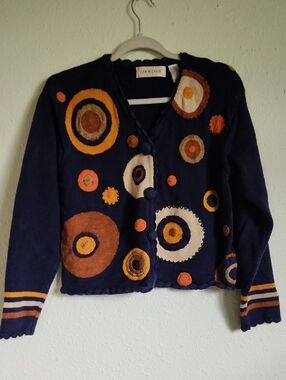 Lisa Nichols Vintage Navy Circle Appliqué Cardigan Sweater